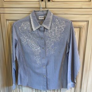 Cotton button-down, blue and white pinstripe blouse with embroidering by Chico’s